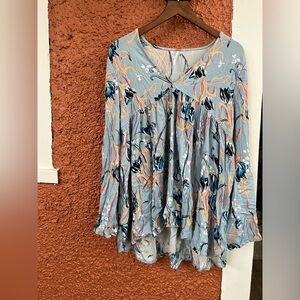 Free People Blue Floral Long Sleeve Tunic Top Size Small Bohemian Hippie